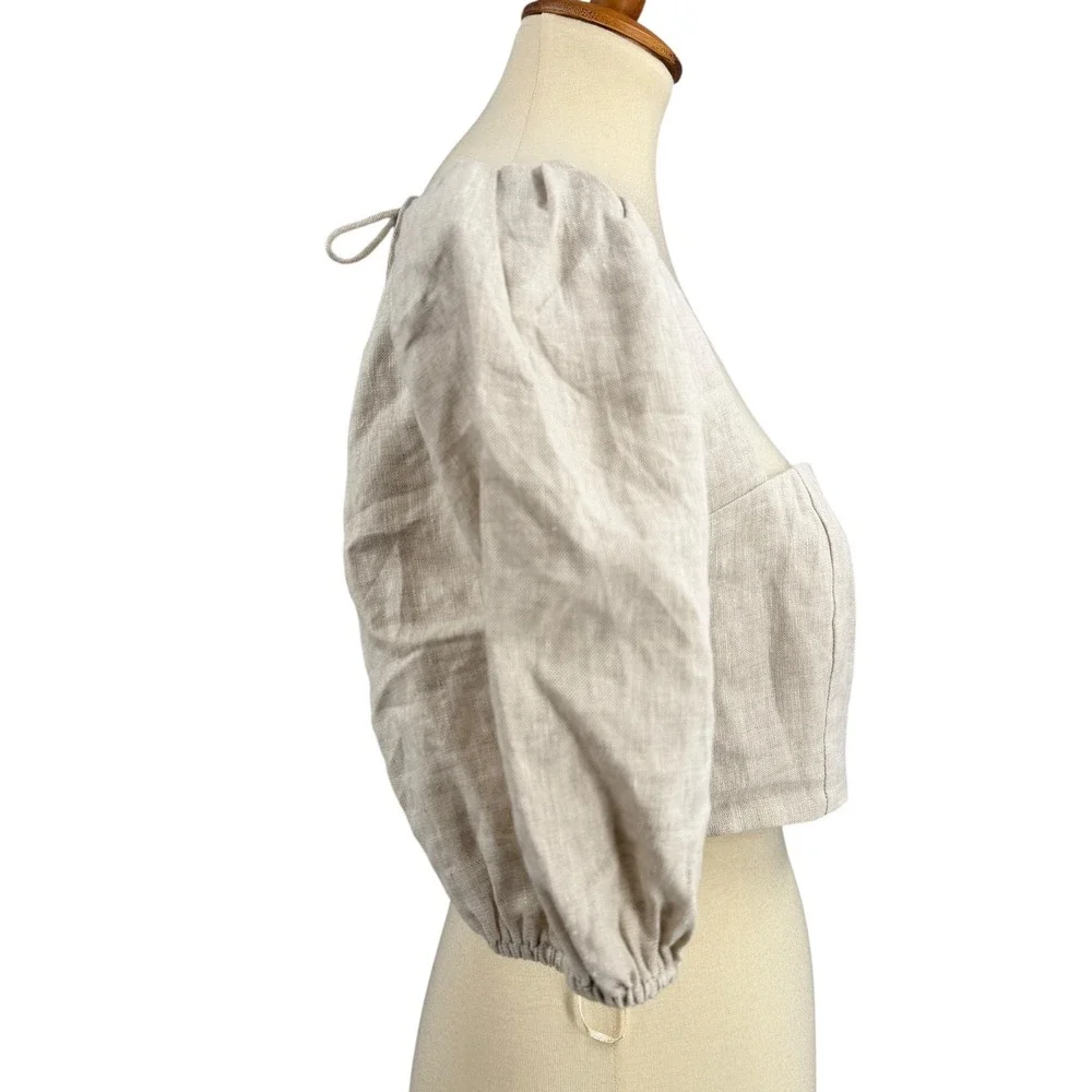 Reformation Linen Two‎ Piece Set Size 10 Beige Puff Sleeve Crop Top Midi Skirt